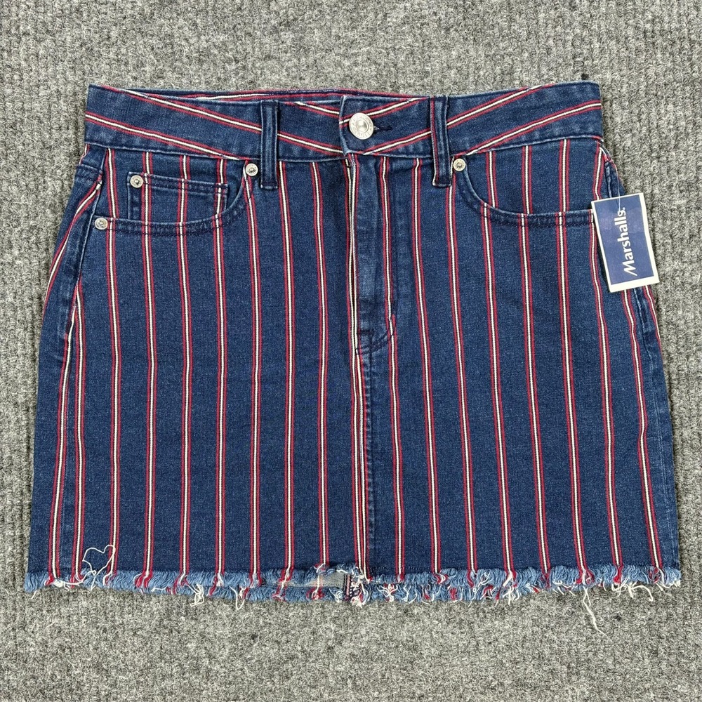 American Eagle Womens 8 Striped Denim Mini Skirt Frayed Hem Super Stretch